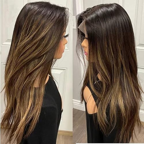Ombre Caramel Brown Highlights Sliky Straight 13x4 HD Transparent Lace Front Human Hair Wigs With Bleached Knots Brazilian Remy Hair Balayage Colored for Women Highlight Straight Glueless Wigs 16"