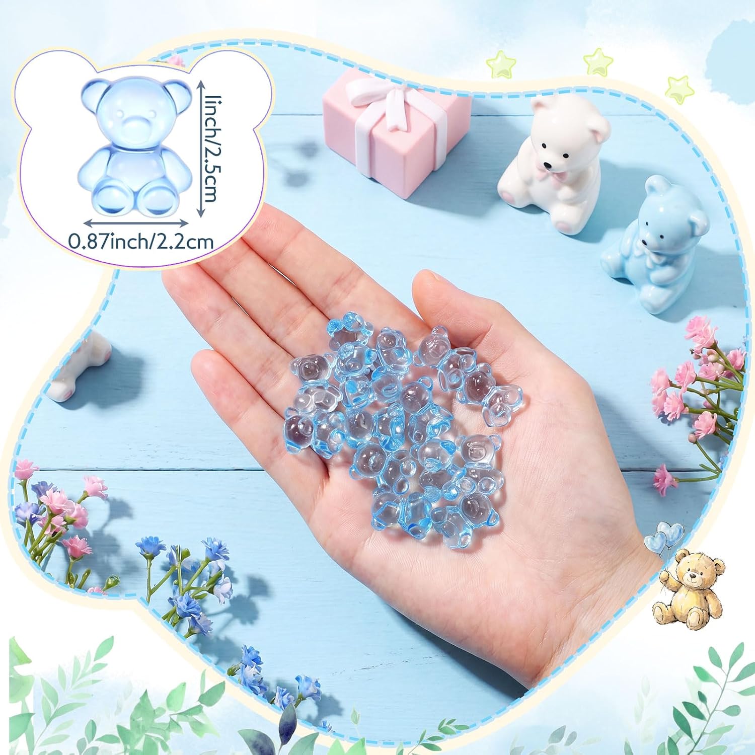 Roowest 51 Pcs Bear Hunt Baby Shower Games Include Wooden Hunt Sign 50 Acrylic Mini Plastic Bears for Baby Shower Game Decoration Gift Sets Gender Reveal Party (Blue)