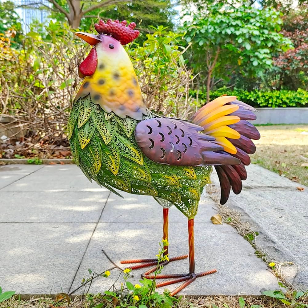 Solar Lights Animal Statue Metal Sculpture Rooster Ornaments Garden Decoration Metal Yard Art for Patio Lawn Backyard Outdoor Decoration (CS023)