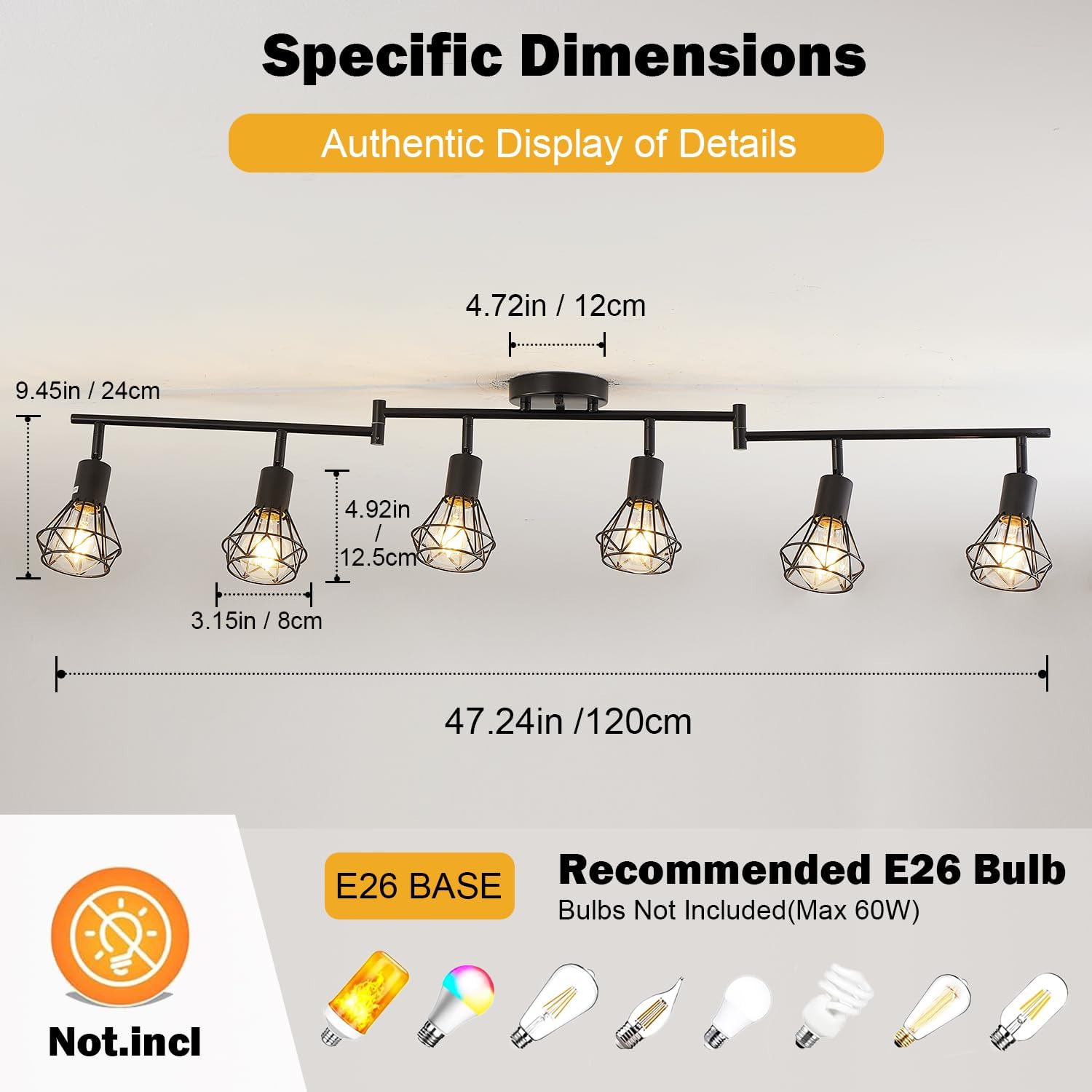 6-Light Black Track Lighting Fixtures Ceiling Modern Farmhouse Track Lighting with Metal Cage E26 Base Kitchen Lights Fixture Flush Mount Ceiling Light Fixture for Dining Room(Bulbs Not Included)