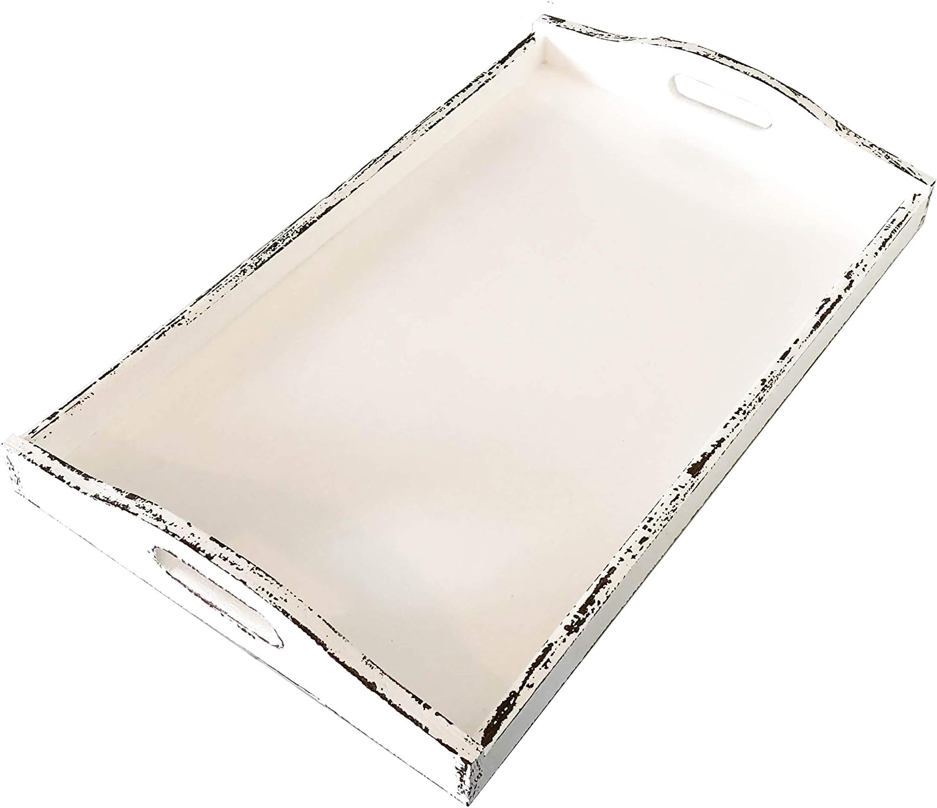 Wooden Tea Breakfast Serving Tray with Handles - White Shabby Chic (Large)