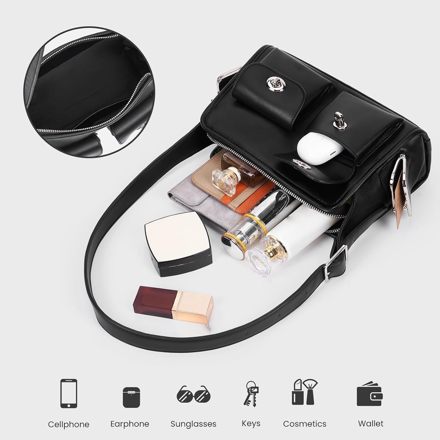 Small Turn Lock Shoulder Bag Multi-Pocket Handbag Kiss Lock Purse