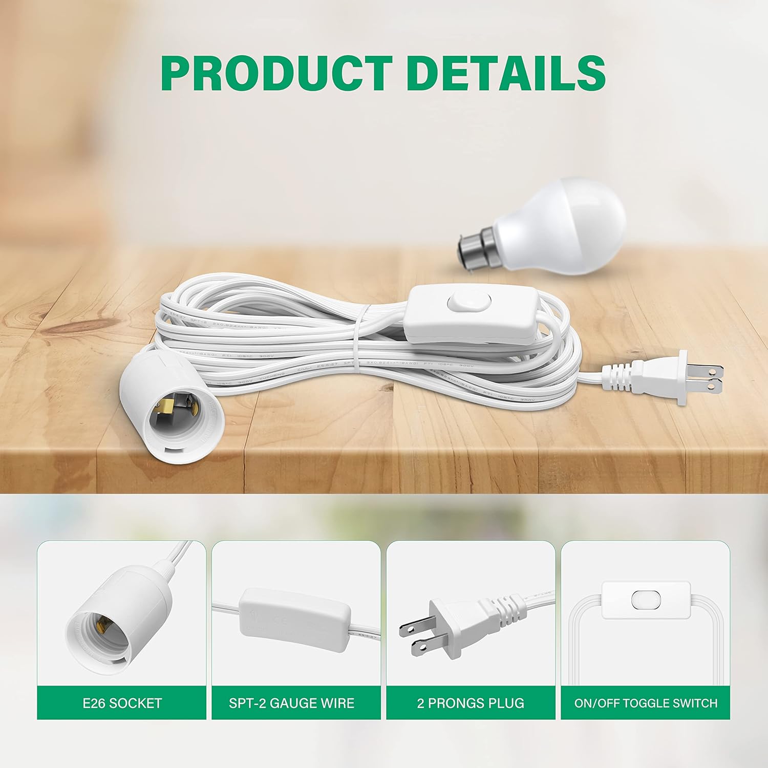 YSSOA 20ft Extension Hanging Lantern Pendant Light Cord Cable with E26 Socket, On/Off Switch, 1 Pack, White (Bulb Not Included)