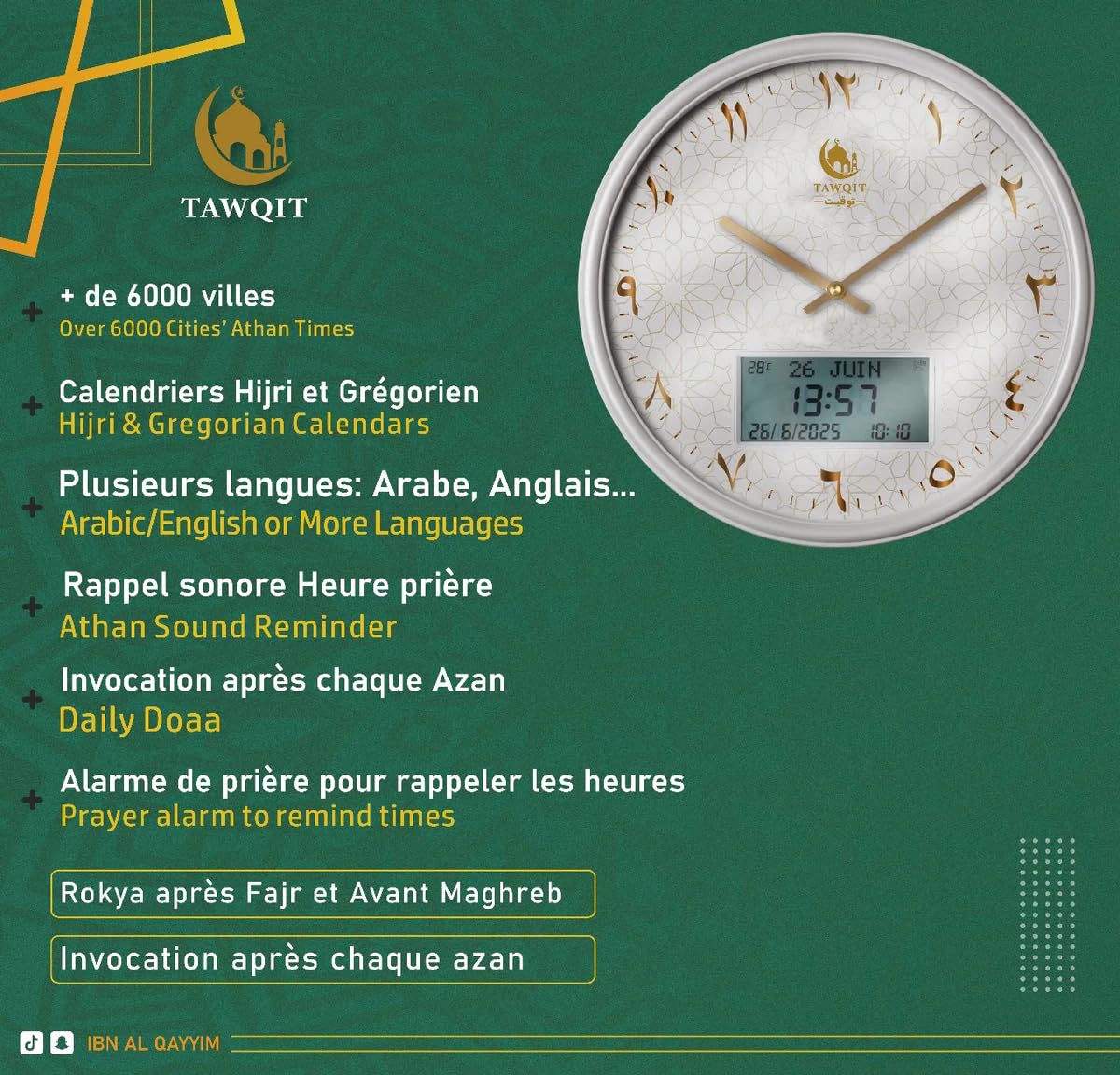 TAWQIT Horloge Azan avec Roqya, Appel à la Prière, Affichage Digital, Support en Bois (Non Inclus)