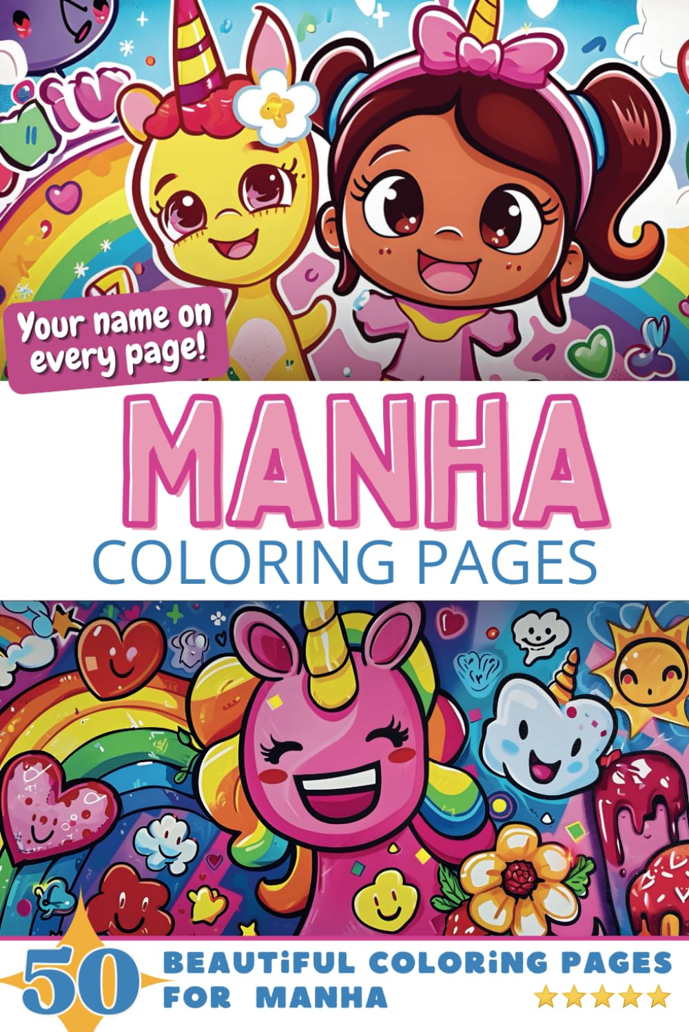 Manha Coloring Pages: Wow-Effect! Your name on every page - Manha coloring book - 6x9" - 50x Manha coloring page - Fantastic Gift