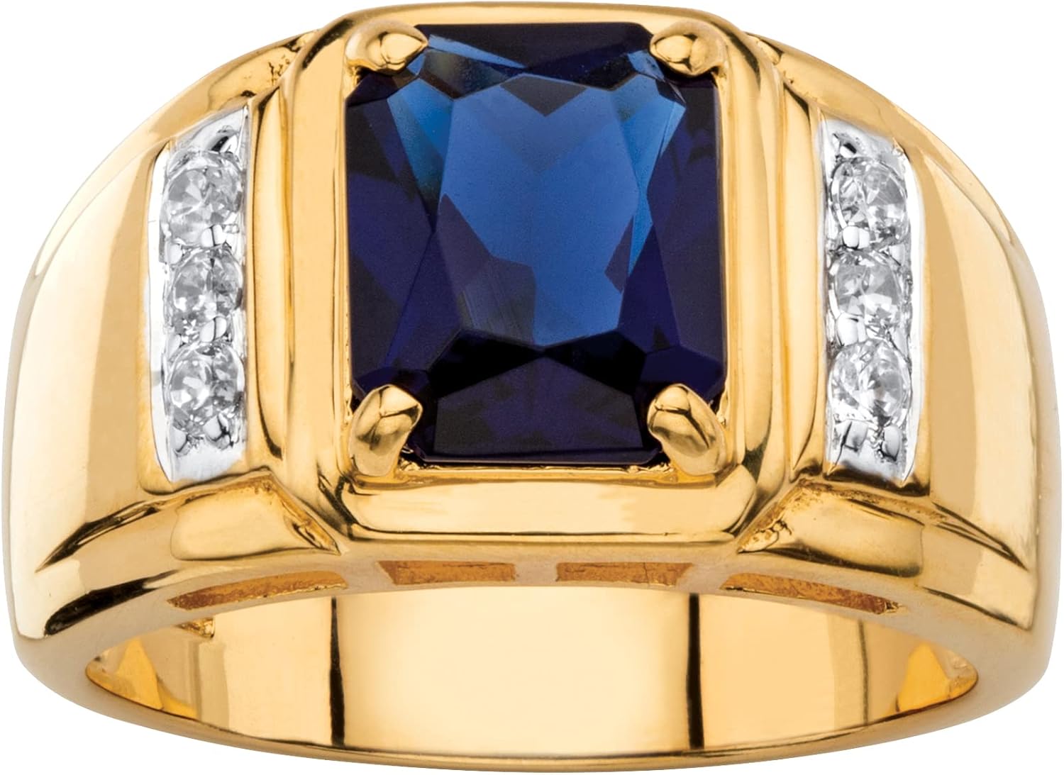 Palm Beach Jewelry Men's Yellow Gold-plated Emerald Cut Created Blue Sapphire and Diamond Accent Ring Sizes 8-16