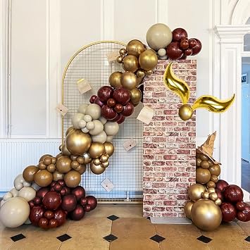 137PCS Magical Balloon Arch Garland Kit, Burgundy Gold Brown White Balloons with Golden S-Wing Foil Balloons, for Magic Birthday Party Decorations, Baby Showers, and Fantasy-Themed Parties