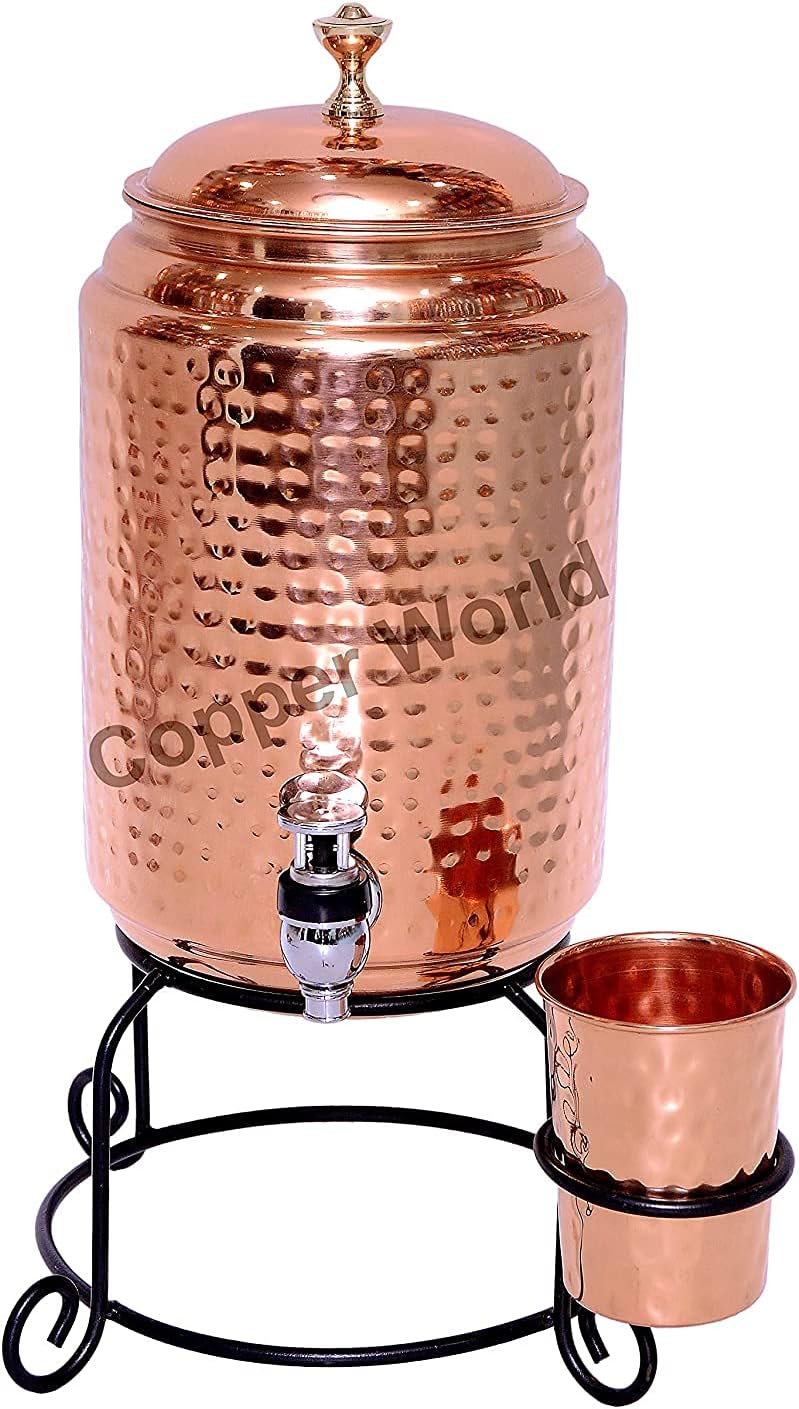 Copper World Copper Water Dispenser With Stand & 1 Copper Glass -5000 ML
