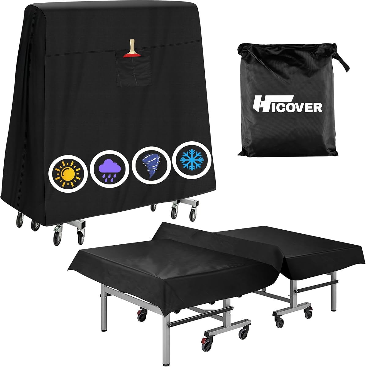 Ping Pong Table Cover 600D Oxford Fabric Table Tennis Cover | Waterproof Sunproof Indoor & Outdoor Fits Universal 9x5 FT Tables Folding & Flat Tables, with Paddles Organize Bag