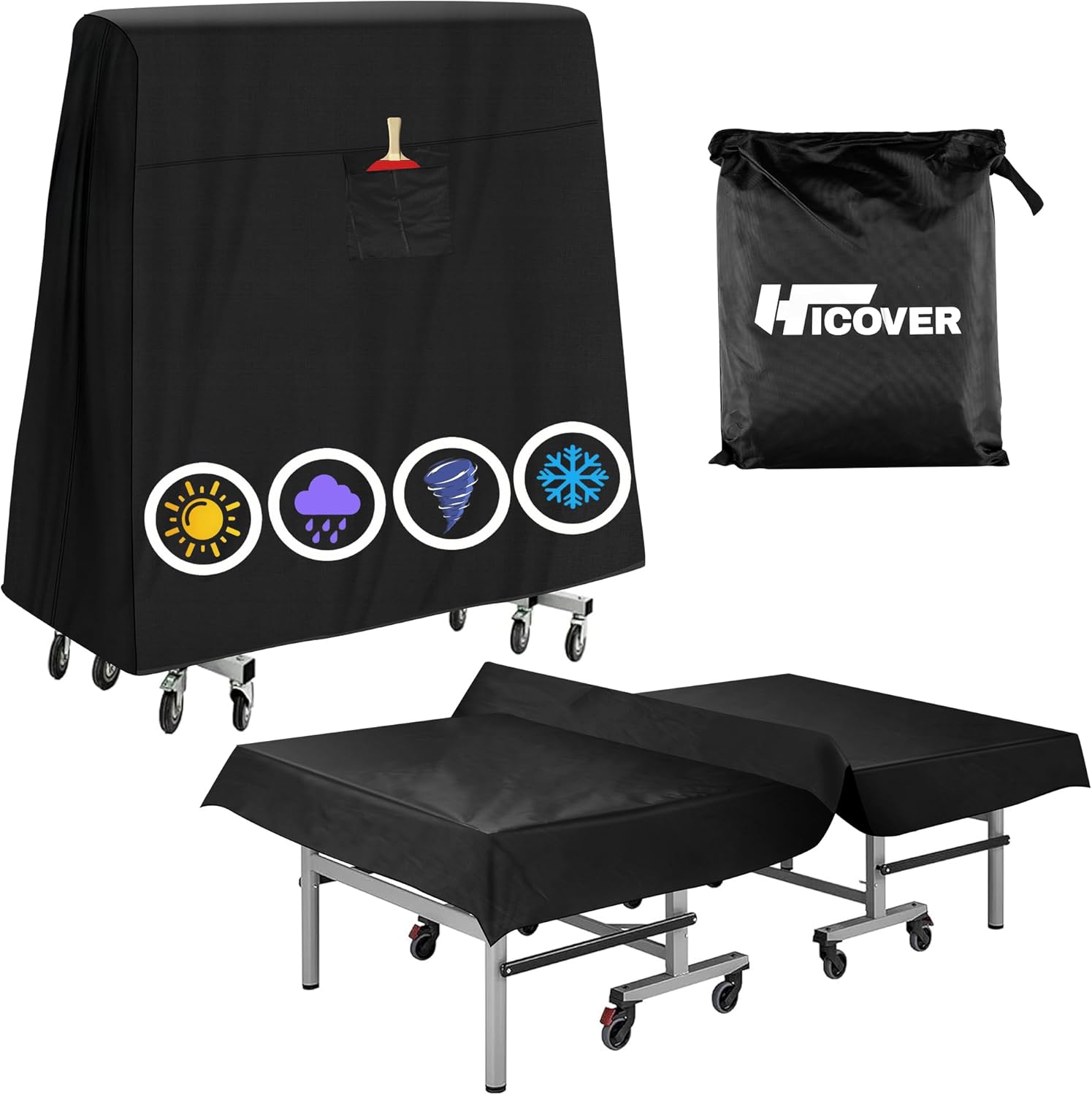 Ping Pong Table Cover 600D Oxford Fabric, Hicover Table Tennis Cover Waterproof Sunproof Indoor & Outdoor Fits Universal 9x5 FT Tables Folding & Flat Tables, with Paddles Organize Bag