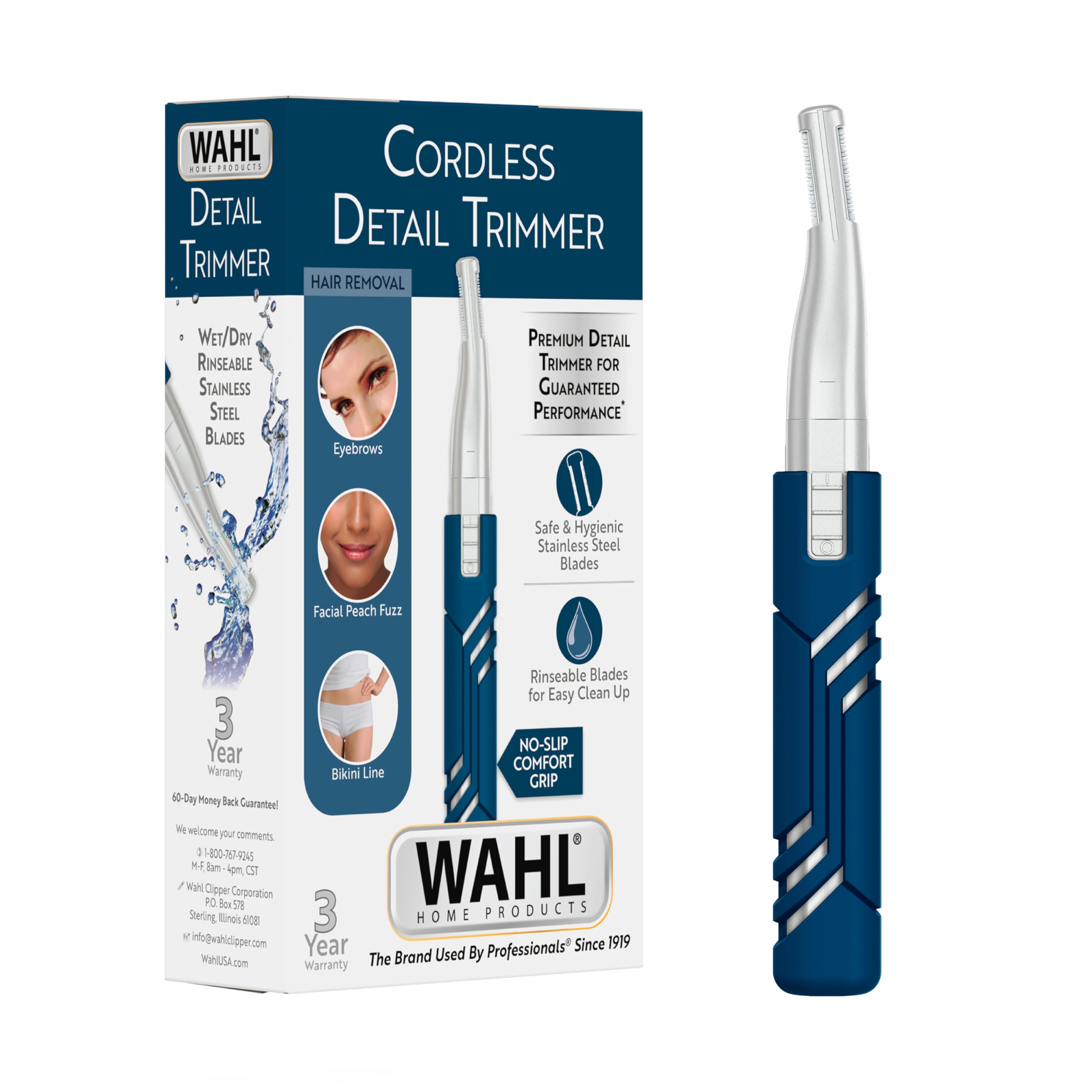 Wahl DualTech® 3026636 - Recortadora de depilación de cejas, bikini y vello facial de doble cara con batería de litio para mujeres con agarre de goma