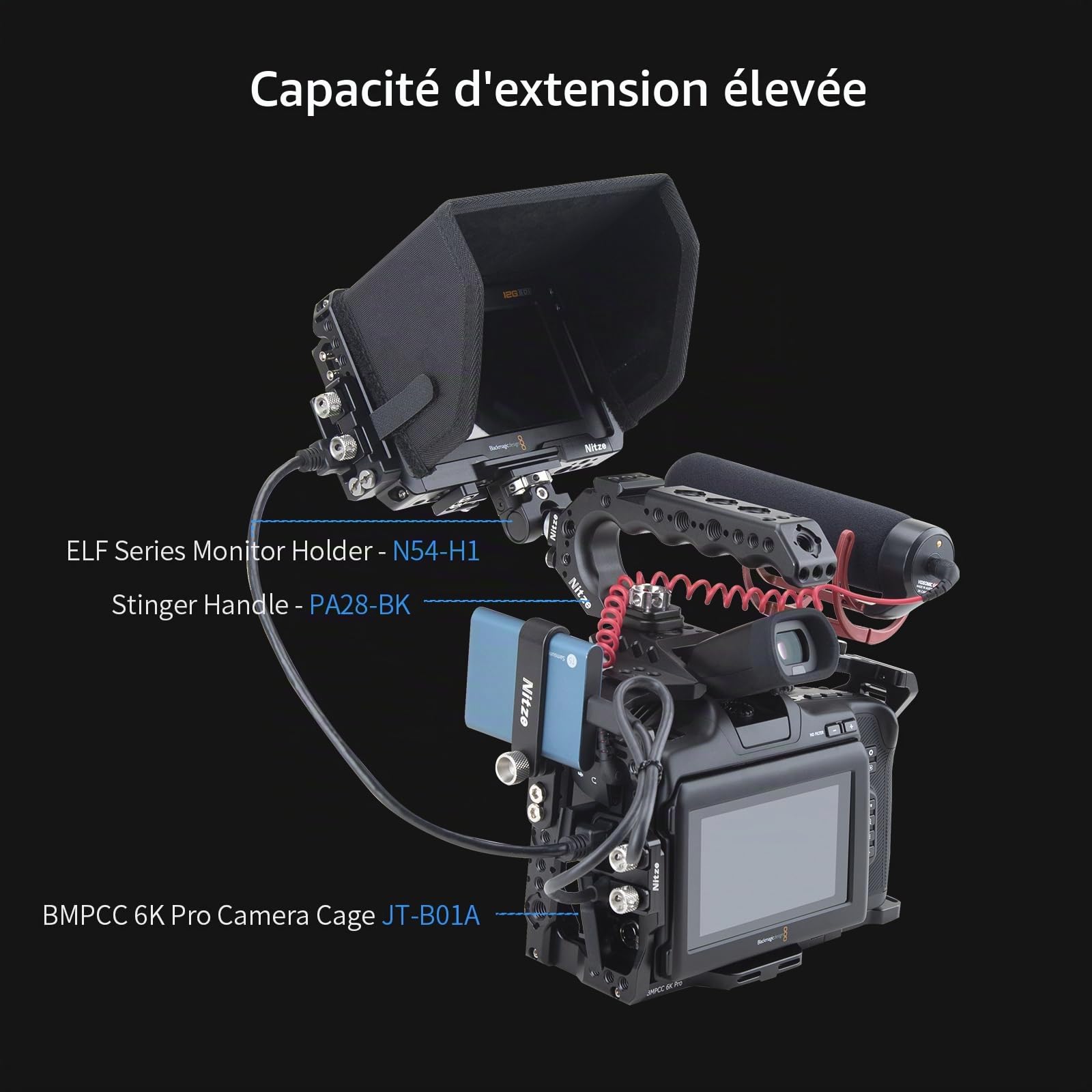 Nitze Cage Kit for Blackmagic Video Assist 5" 12G / 3G with Sunhood, HDMI and USB-C Cable Clamps - JT-B01B