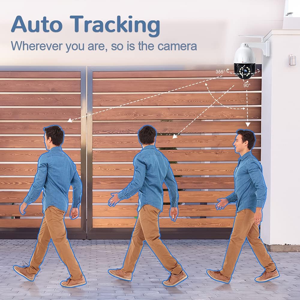 Diagram showing the 355 degree pan and 90 degree tilt capabilities of the Ctronics PTZ camera, with a person walking and the camera tracking them.