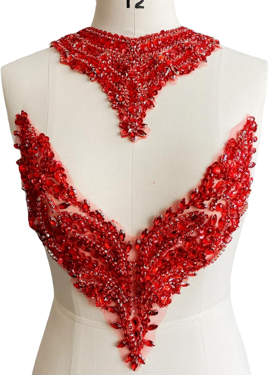 BDACY. HCMY Handsewing Rhinestones Beads Applique for Dress Clothing Neckline and Chest Trim sew on Shining Crystal Sequins lace Patches one Set/Bag 9.4X13.7in (Red)