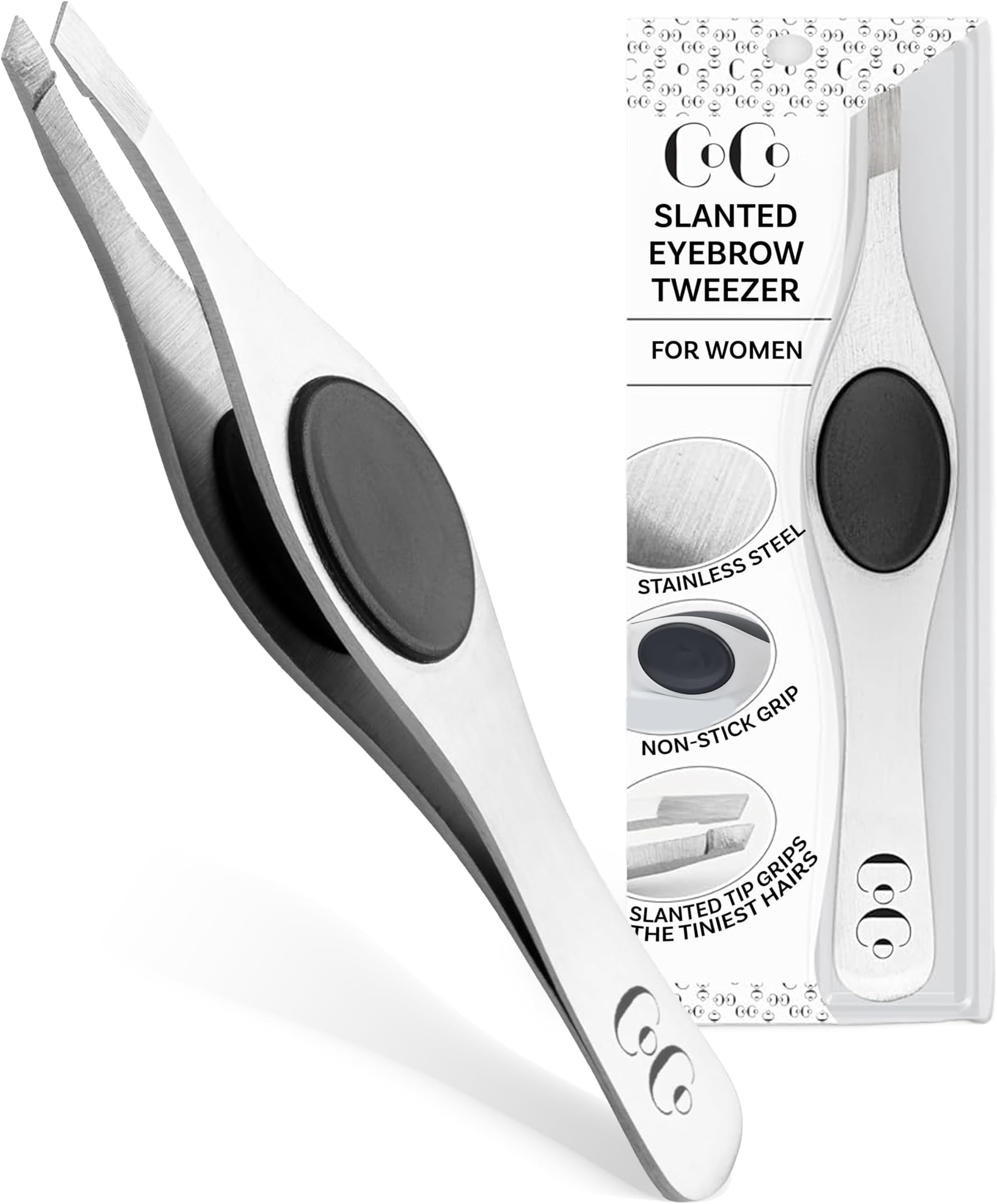 Cocoโs Closet Tweezer for Eyebrows โ Surgical grade Stainless Steel Slant Silver Tweezer - Precision for Ingrown Hair Removal