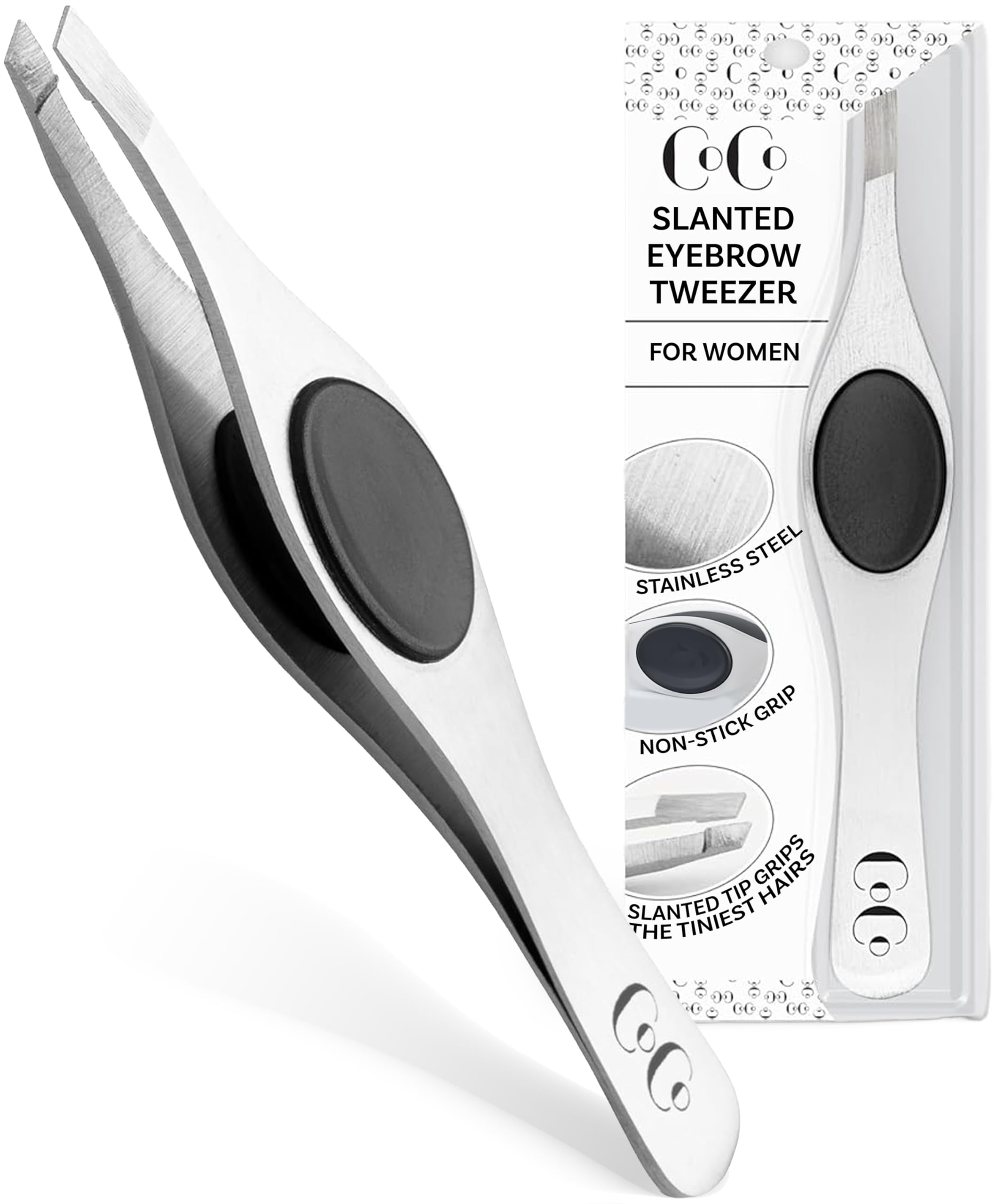 Tweezers for Facial Hair Women – Slant Tip Eyebrow Tweezers, Stainless Steel with Sharp Precision Tip for Shaping Eyebrows, and Ingrown & Fine Hair Removal – Non-Slip Grip
