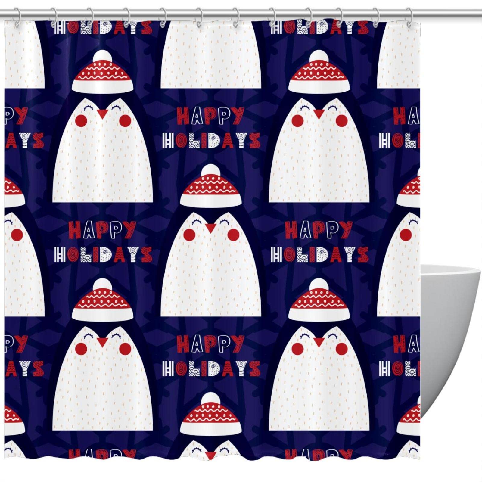 Rideau de douche pingouin Noël aquarelle salle de bain