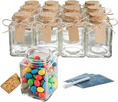 4 oz Mini Glass Jars with Lids - Set of 12 Spice Jars, Small Glass Containers with Corks for Wedding & Party Favors, DIY Crafts, Potions, Spices & Candy, 3.4 oz