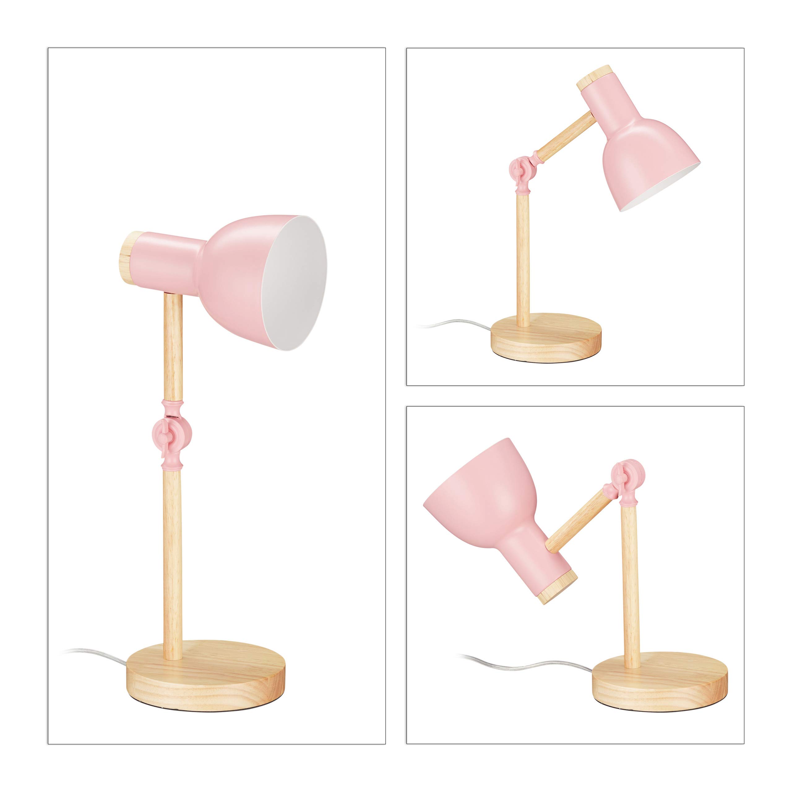 Relaxdays Lampada da Scrivania, Luce Regolabile da Tavolo, in Legno e Metallo Attacco E14, HxD: 45,5 x 14,5 cm, Rosa