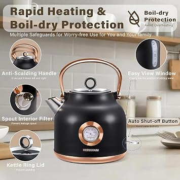 Retro Electric Kettle, 1.7L Stainless Steel Tea Kettle with Large Temperature Gauge, 1500W Fast Heating Hot Water Boiler with LED Indicator, Auto Shut-off & Boil-Dry Protection-Reteo Black