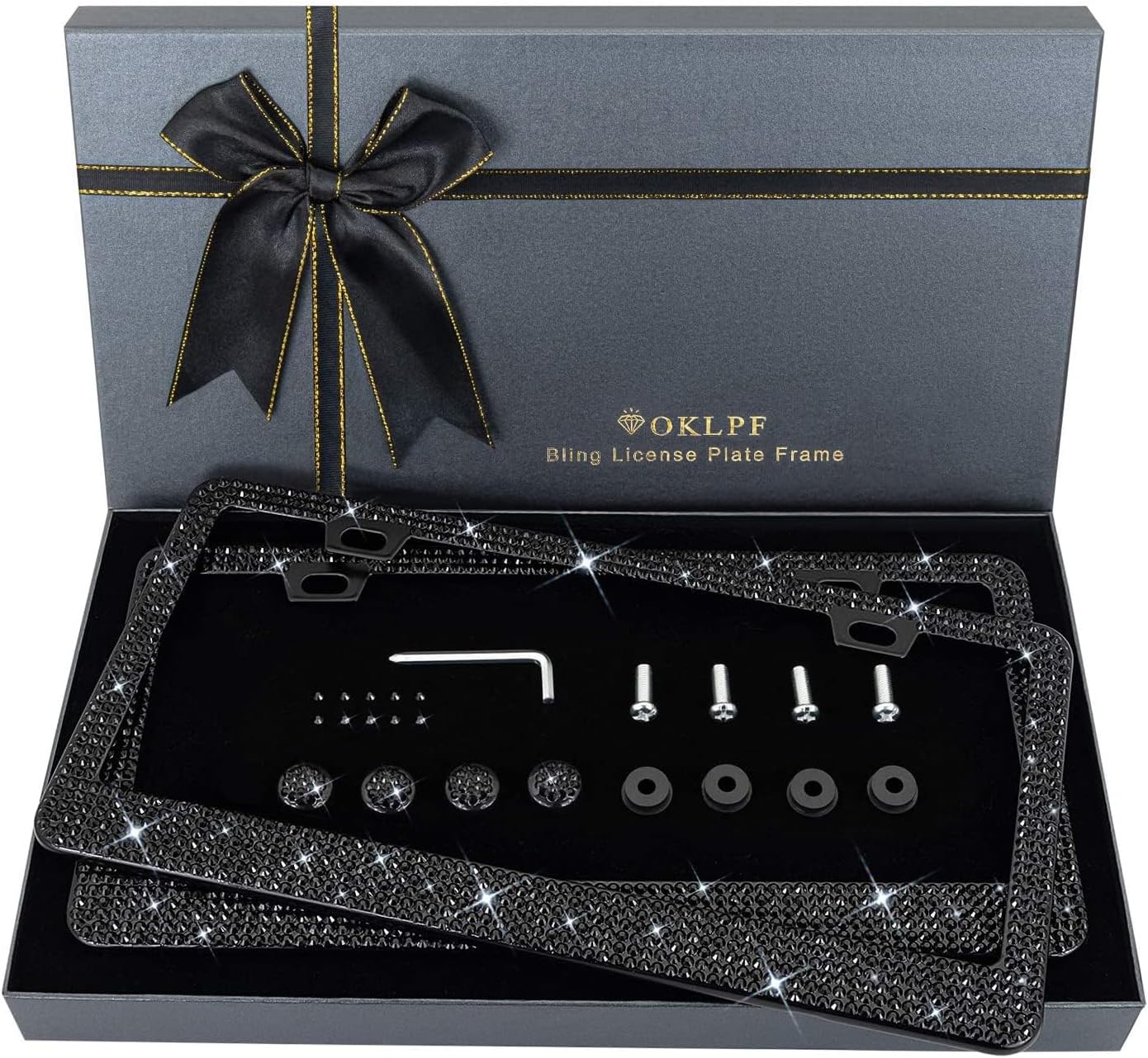 OKLPF Bling License Plate Frame for Women, 2PCS Sparkly License Plate Frames| Over 1200 pcs14 Facets Bedazzled Clear Glass Diamond Rhinestone Crystals w/Free Glitter Diamond Box (Black)