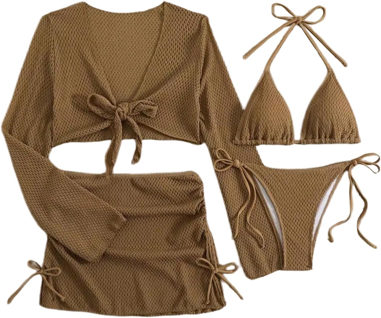 Women's 4 Piece Fishnet Mesh Bikini Set Triangle String Thong Cheeky Swimsuit with Coverups