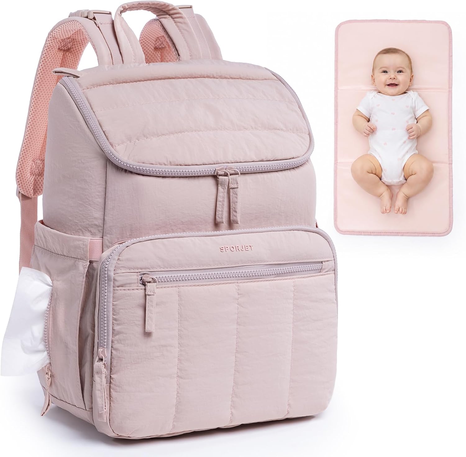 Puffy Diaper Bag Backpack for Mom, Lightweight Quilted Baby Bag with Waterproof Changing Pad, Large Travel Diaper Backpack with Insulated Bottle Pockets, Wipes Pocket, Stroller Straps