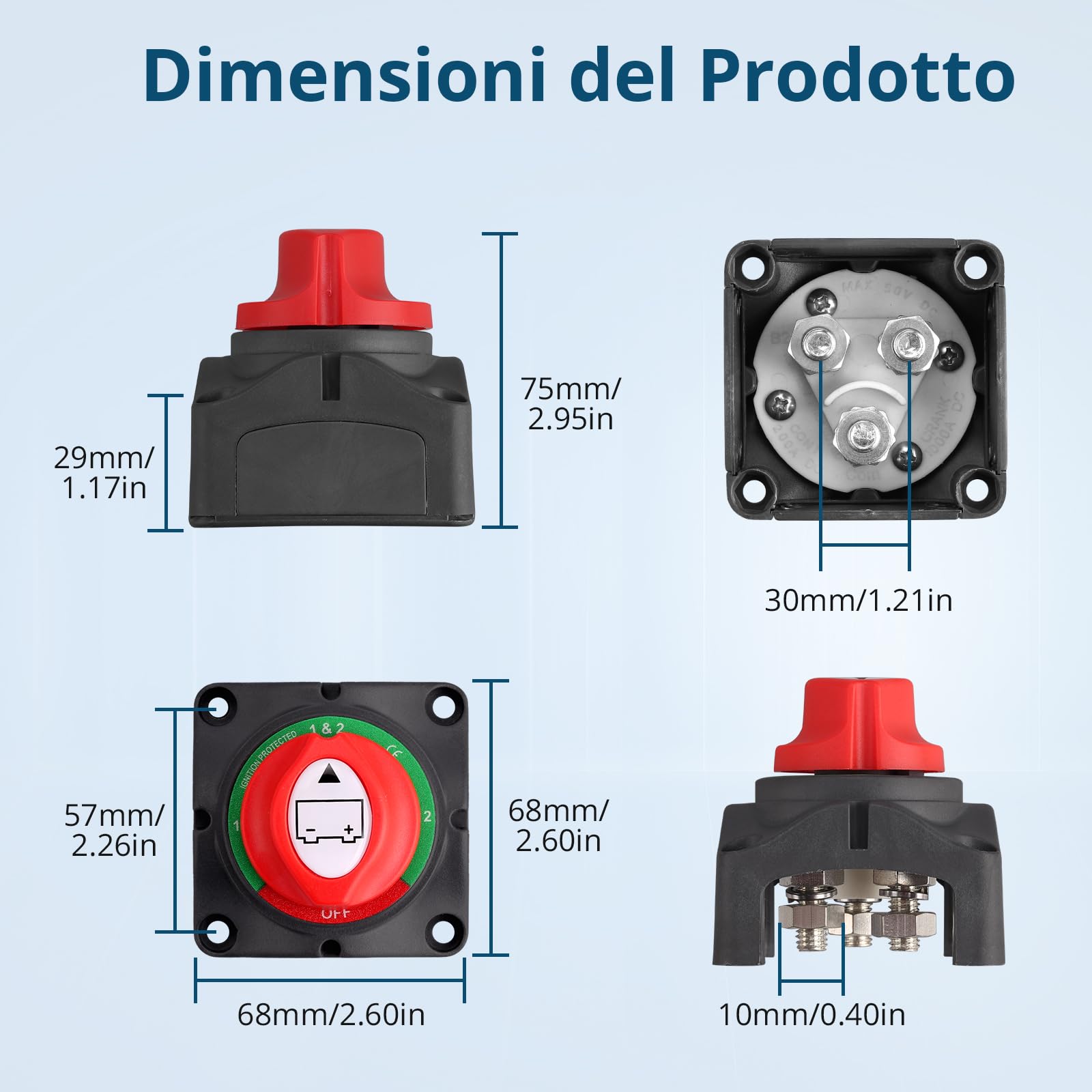 1+2 Staccabatteria Interruttore Doppia Batterie di Scollegamento 200A per Auto, Camper, Barca, Battery Switch Isolator On/Off 12V-48V, Impermeabilità IP45