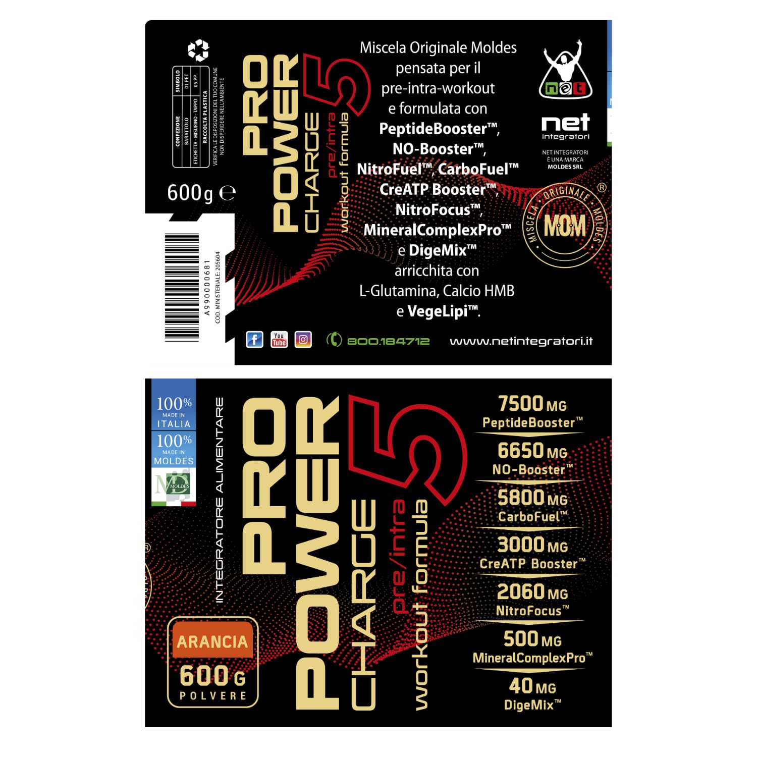 Net Integratori PRO POWER CHARGE 5 – Gusto Arancia 600g – Integratore Pre e Intra Workout con Aminoacidi Creatina e Carboidrati a rilascio differenziato e Vitamine B3 e B5 (Quali®-B)