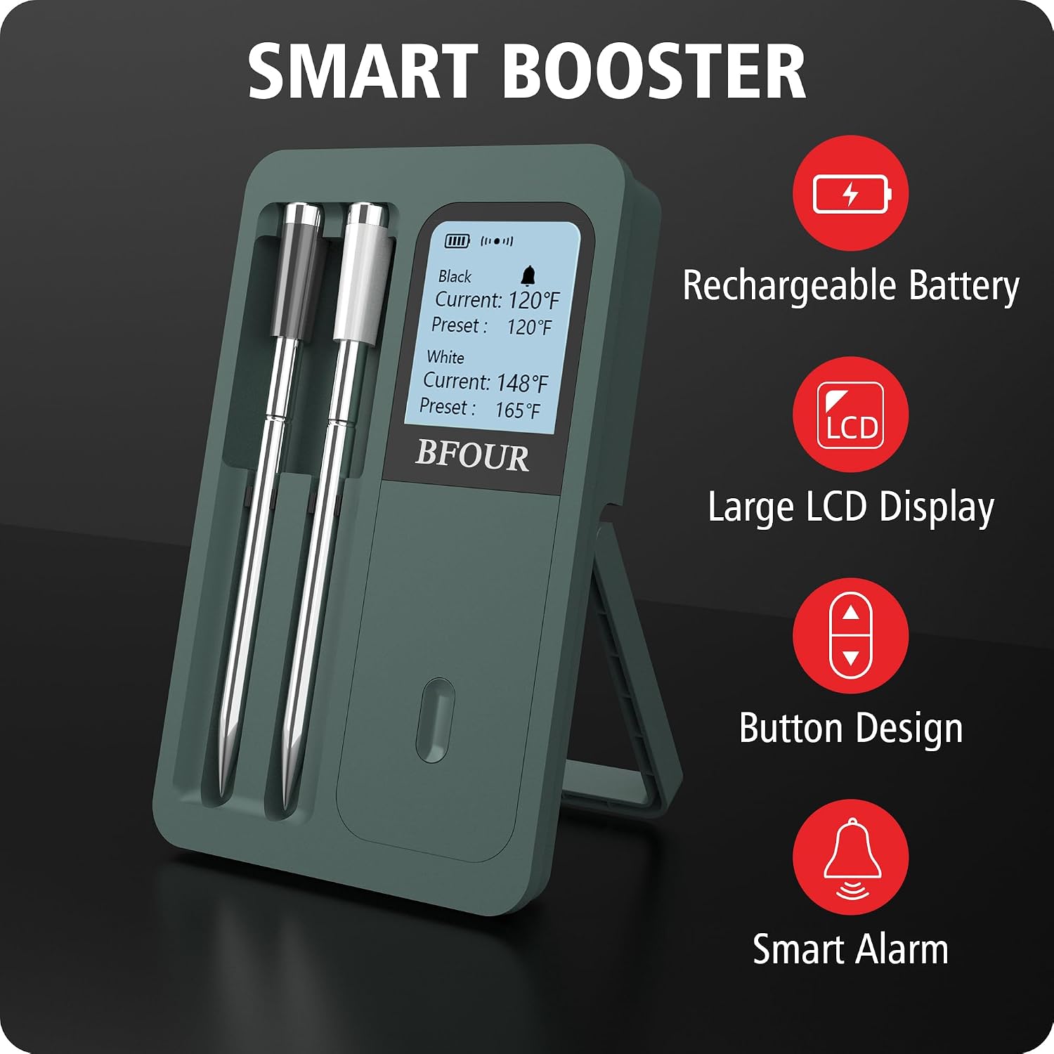 BFOUR Smart Booster with LCD display, showing features like rechargeable battery, large LCD display, button design, and smart alarm.