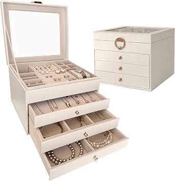Granbest Leather Jewellery Box with 3 Drawers, 4-Layer Large Capacity Jewelry Organizer, Drawer Storage for Necklaces, Earrings, Rings, Bracelets, Watches, Jewellery Case for Women, Girls Beige