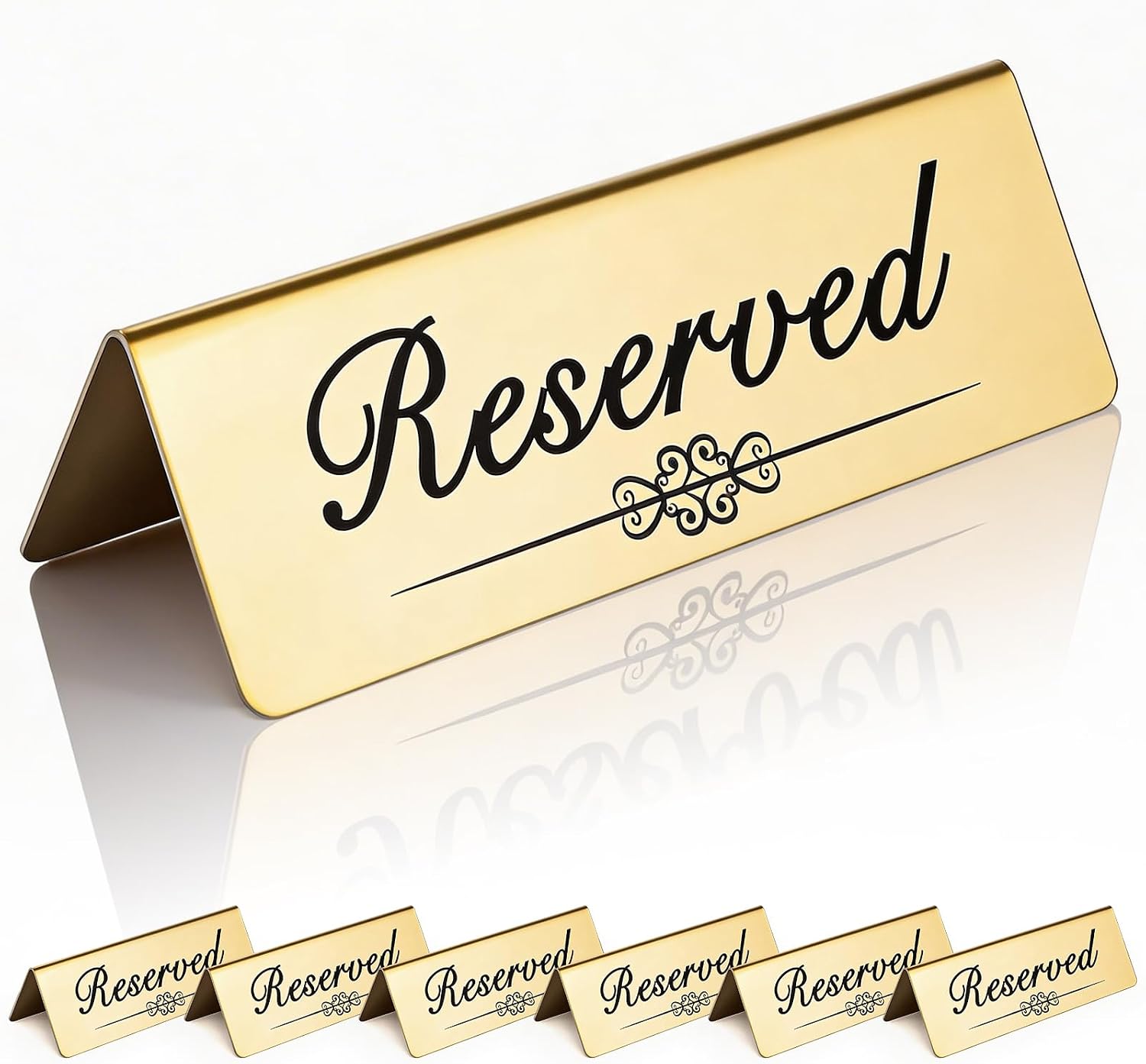6pcs Reserved Signs, 6×4 Inches Golden Metal Stainless Steel Table Tent Cards for Weddings Receptions,Parties,Restaurants,Events-Double Sided Reserved Table Place Signs