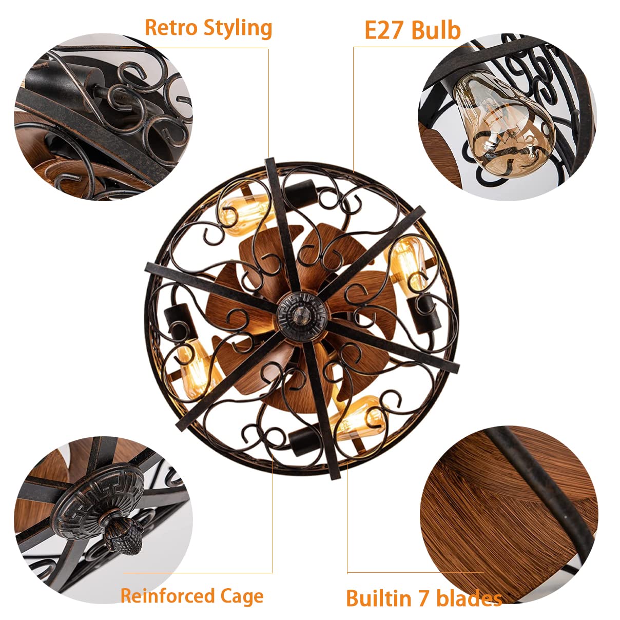Retro Deckenventilator Mit Beleuchtung Und Fernbedienung E27 Leise Fan Deckenleuchte Industrial Schlafzimmer Lampe Vintage Eisenkäfig Ventilator Deckenlampe für Wohnzimmer Esszimmer Küche Lüfter Licht