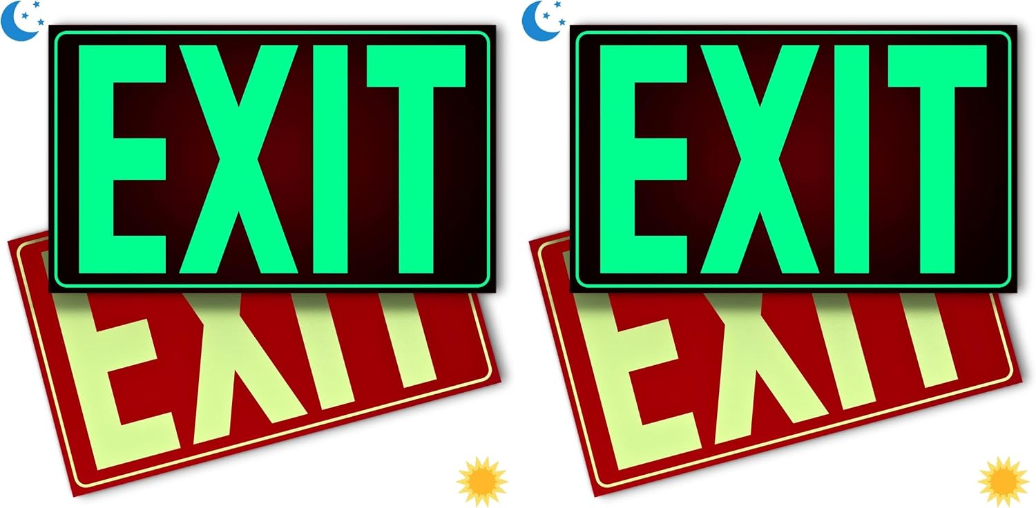 Glow In The Dark Photoluminescent Exit Sign Red - Adhesive Backing – UV Inks On Tear-resistant PVC - Non Electrical - Scratch Resistant -12 x 7 Inches For 50 Feet Visibility (2 Pack)