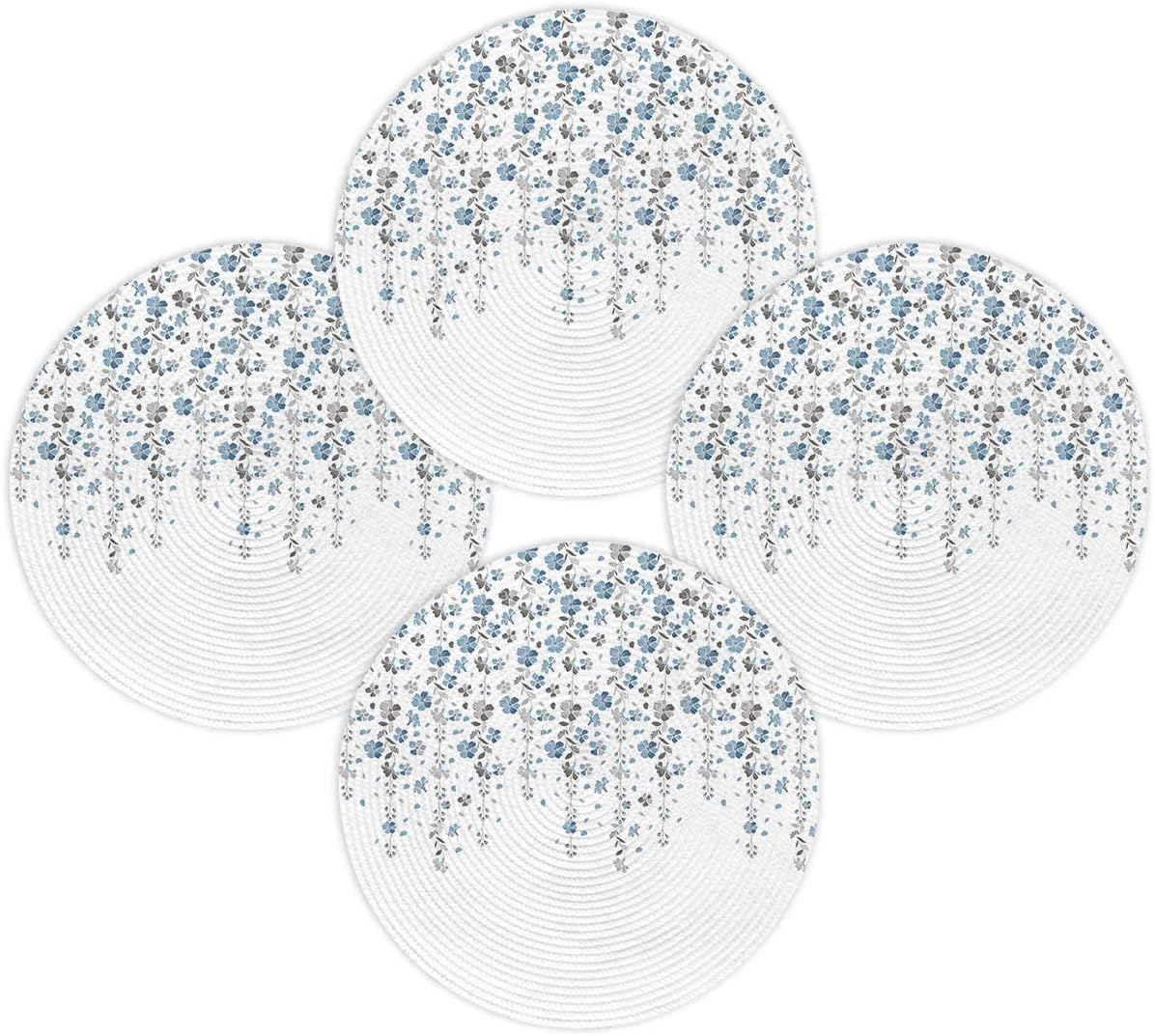 Round Placemats Set of 4 Blue Grey Floral Place Mats Washable Woven Placemat Spring Flowers Circle Braided Heat Resistant Table Mat for Kitchen Dining Table Party Home Decor 13 Inch