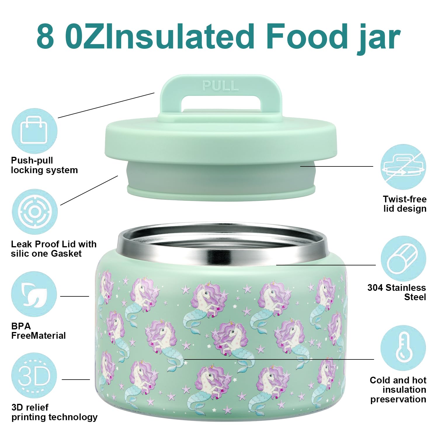 JXXM 8 Oz Thermo Food Jar for Hot & Cold Food for Kids, Insulated Lunch Containers Hot Food Jar,Leak-Proof Vacuum Stainless Steel Wide Mouth Lunch Soup Thermo for School (Blue-Unicorn)