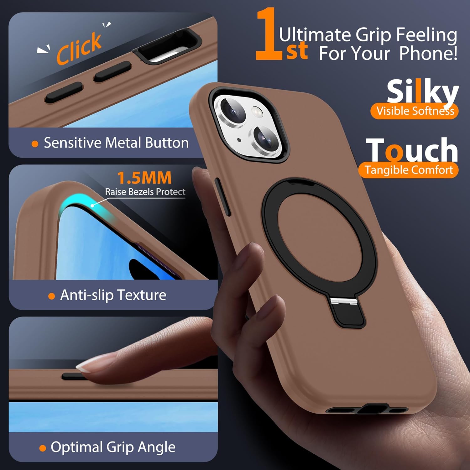Compatible with iPhone 13 & 14 Case 6.1'' with Magnetic Ring Stand [Military Drop Protection][Compatible with Mag-Safe] Phone Case for Men Wowen,Brown