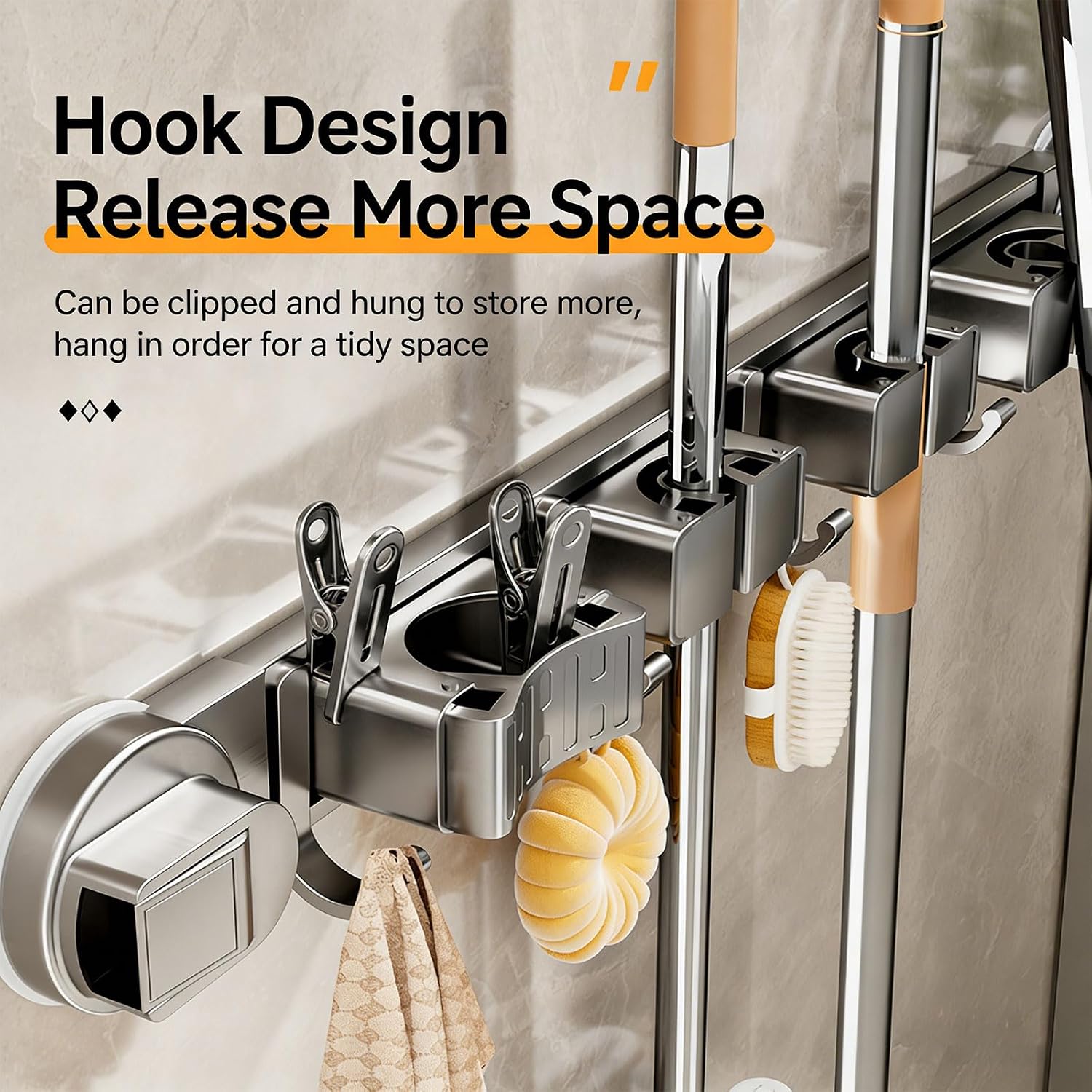 Strong and Enduring Aluminum Wall Mounted Broom Holder for Bathroom Kitchen Garage Without Holes Needed Slip Shower Shelf