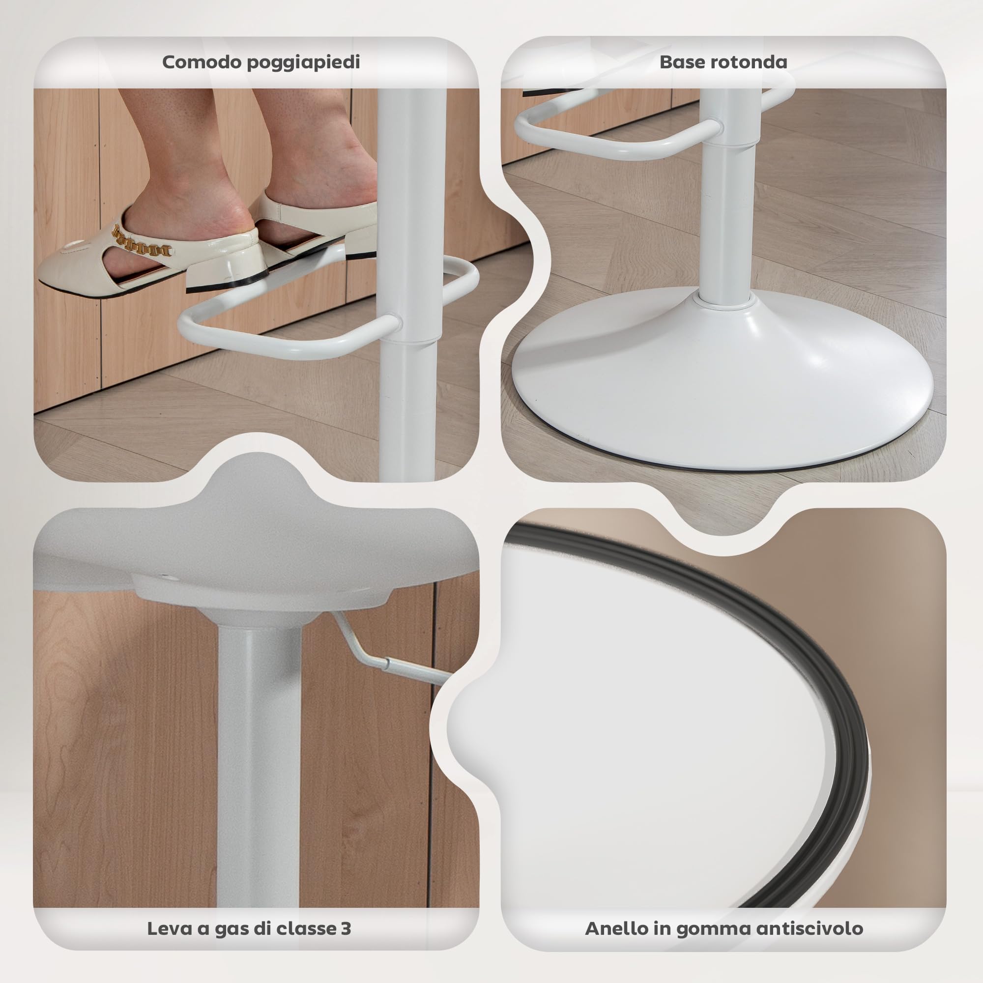 HOMCOM Set 2 Sgabelli Bar con Altezza Regolabile, Sgabelli Alti Cucina in Finta Pelle con Schienale e Poggiapiedi e Ampia Base in Acciaio, Sedie Bar Alte Girevoli a 360°, Bianco