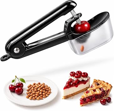 Cherry Pitter with Container, Stainless Steel Single Cherry Pitter Tool with Pit Collector Box, Portable Handheld Cherry Pitter for Baking, Mess-Free Pit Remover for Cherries, Kitchen Gadget Black