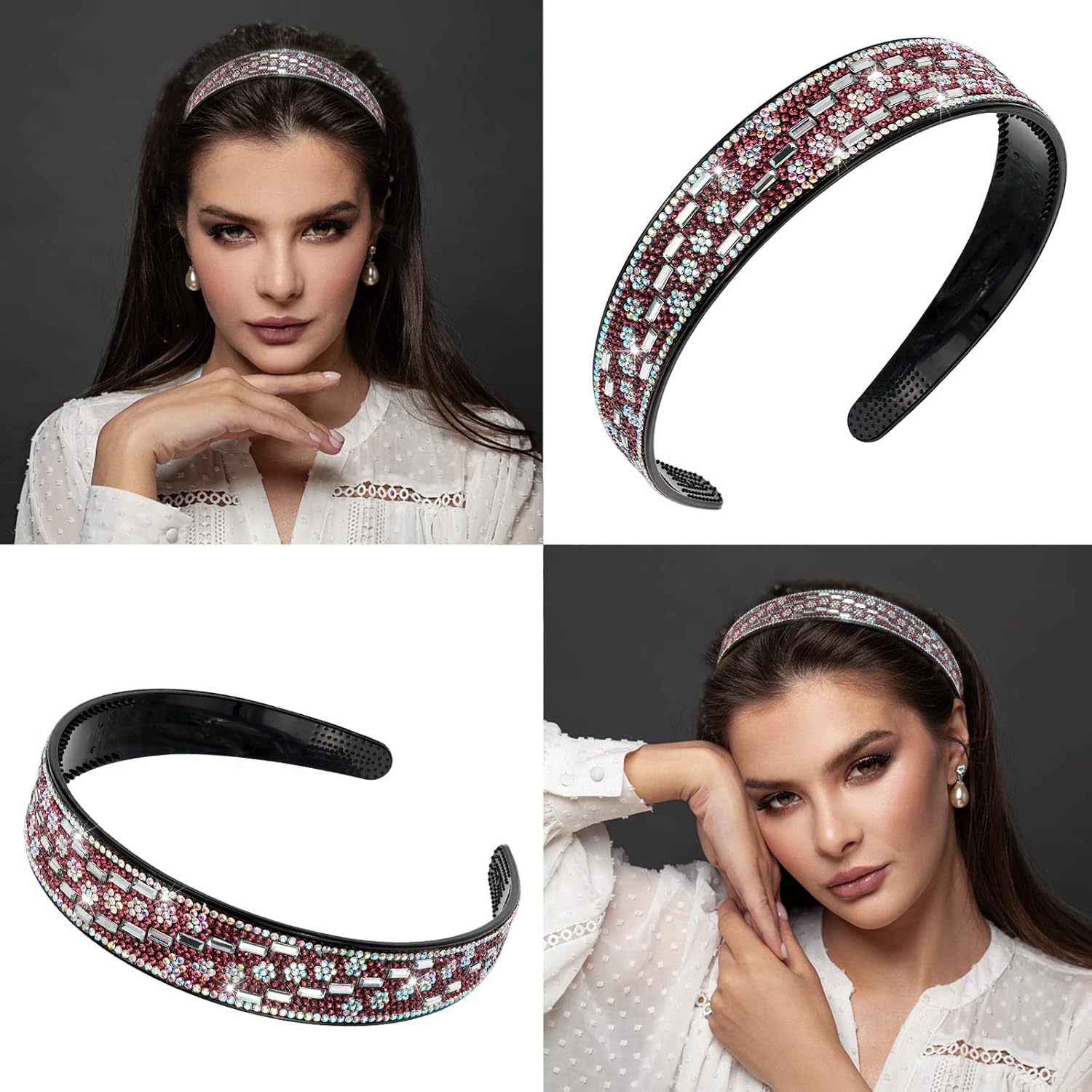 BAHABY Crystal Rhinestone Headband Plastic Headbands Sparkly Teeth Comb Headband Bling Hairbands Fashion Hairband Hair Accessories for Women Girls (Burgundy) : Beauty & Personal Care