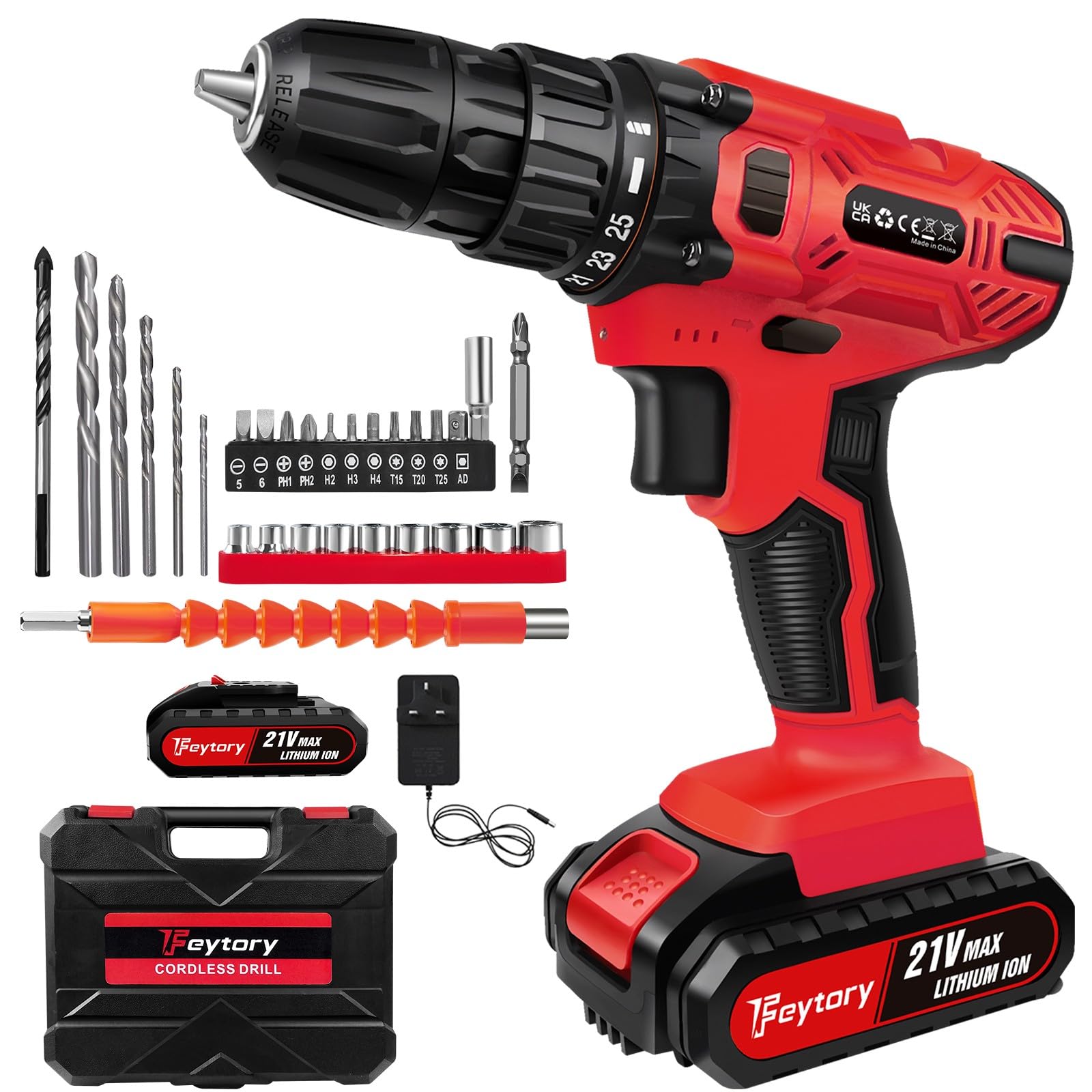 Cordless Drill Driver, 21V Electric Drill Set, 3/8" Keyless Chuck, Electric Screwdriver Kit, 25+1 Torque Power Drill, 29Pcs Drill Bits, 2 Speed Combi Drill with 1.5Ah Li-Ion Battery and Charger