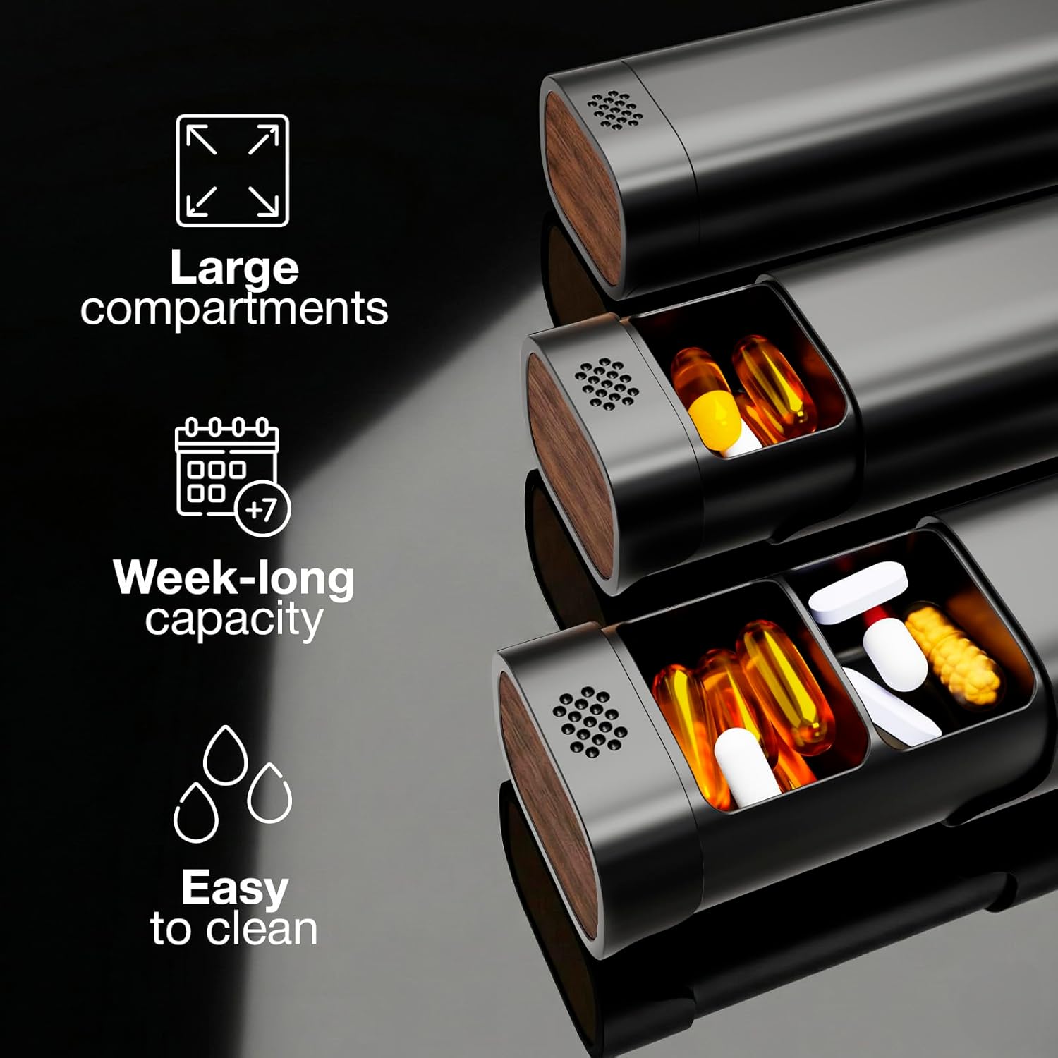 Premium 7-Day Aluminum Pill Organizer – 100% Metal, No Microplastics, Real Wood Base, Large Capacity & Sleek Design – Medical-Grade, Travel-Safe, TSA Approved - Black