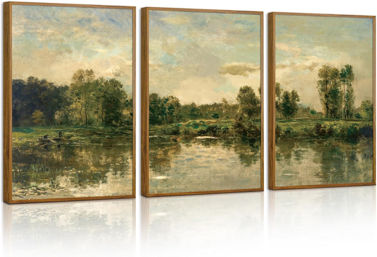 Tinonedraw Vintage Landscape Framed Canvas Wall Art Set of 3, French Country Art Prints, Nature Green Trees and Lake Art Paintings, Rustic Aesthetic Wall Decor for Living Room Bedroom Office 16x24x3