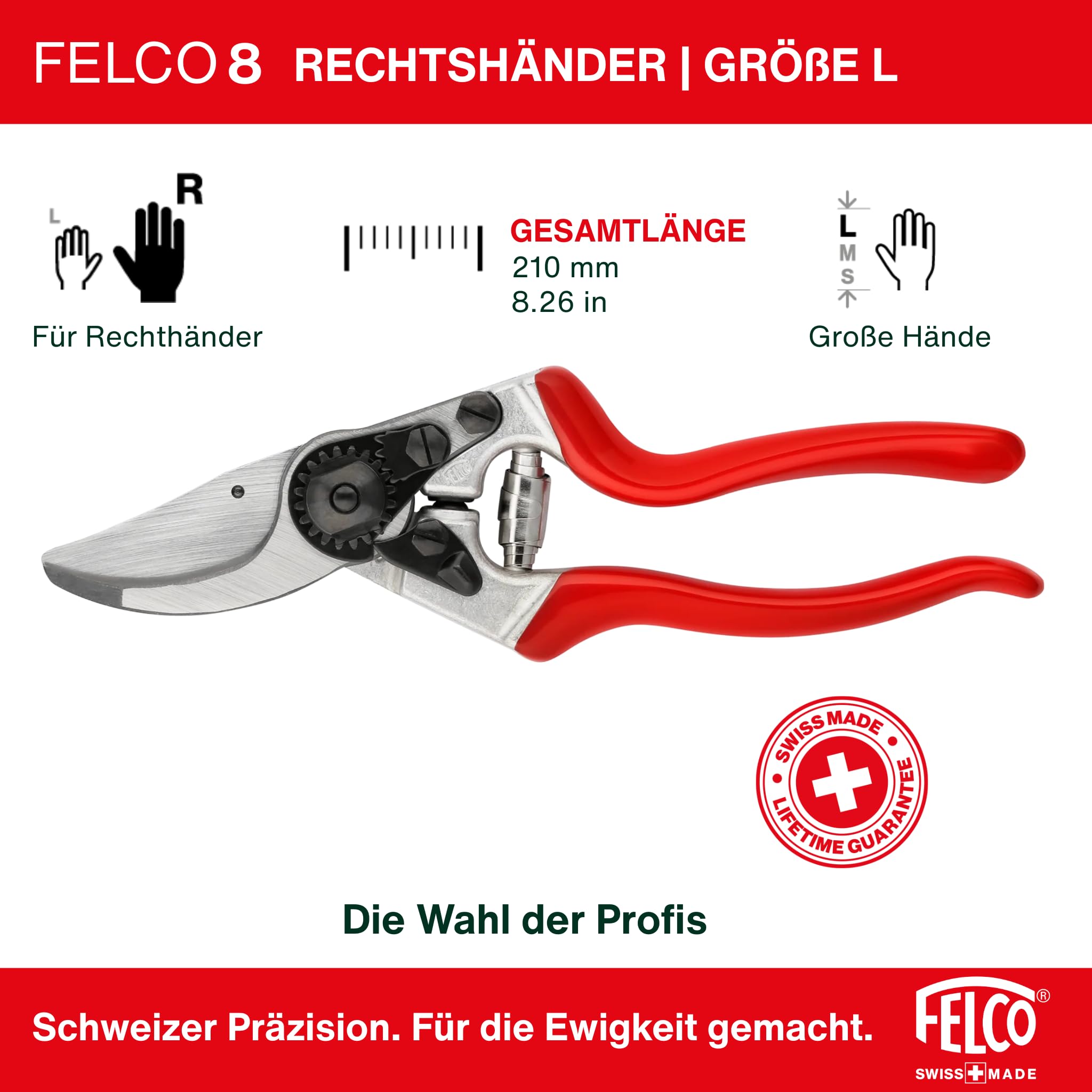 FELCO 8 Profi-Gartenschere Bypass 25 mm für Rechtshänder mit ergonomischem Griff + Lederholster 910 Black + Schärfer 905