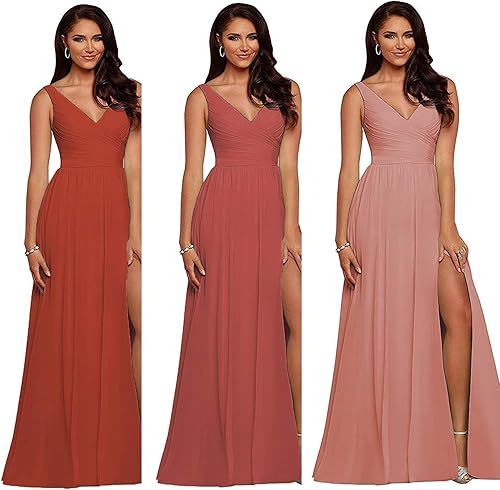 Miniatura 3 de Vestido de dama de honor con cuello en V doble para mujer, largo acampanado con abertura, vestido de novia formal de graduación, M002