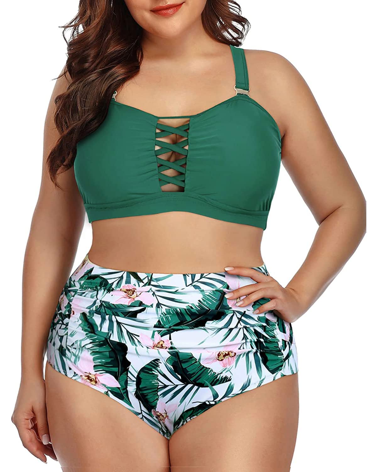Daci Women Green Plus Size Two Piece Bikini Swimsuit High Waisted Bottom Ruched Lace Up Bathing Suit 20W