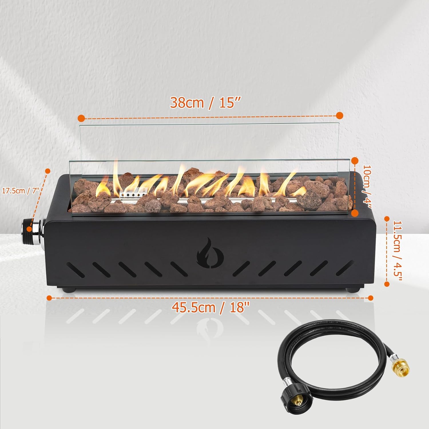 ONLYFIRE OUTDOOR LIVING 18" Propane Gas Fire Pit with Glass Wind Guard & Lava Rocks, Portable Tabletop Smokeless Firepit Side-Mounted for Patio Backyard Camping Tailgating RV, Hose Included, FP026