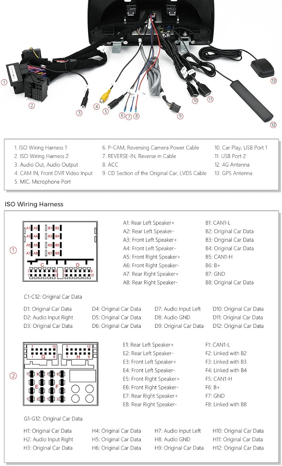 Detailed wiring diagram for XTRONS Android 11 Car Stereo