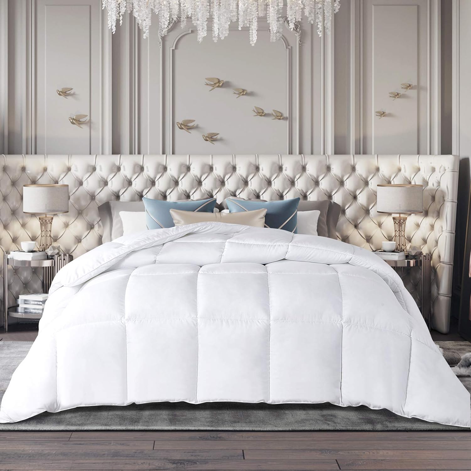 Hisouler White Down Alternative Comforter Queen, All Season Soft Quilted Reversible Duvet Insert with 8 Corner Tabs, 300GSM Plush Microfiber Fill Fluffy Lightweight, 88x88 inches